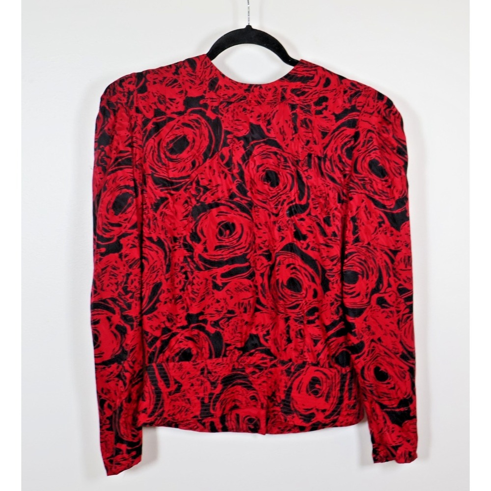 Vintage 1980s Argenti Blouse Size 6 Red Black Silk Relaxed Long Sleeve Luxury
